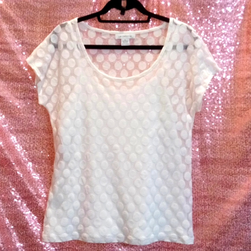 NWOT💕LIZ CLAIBORNE Sheer White Polka Dot Stretch Top With Attached Tank!